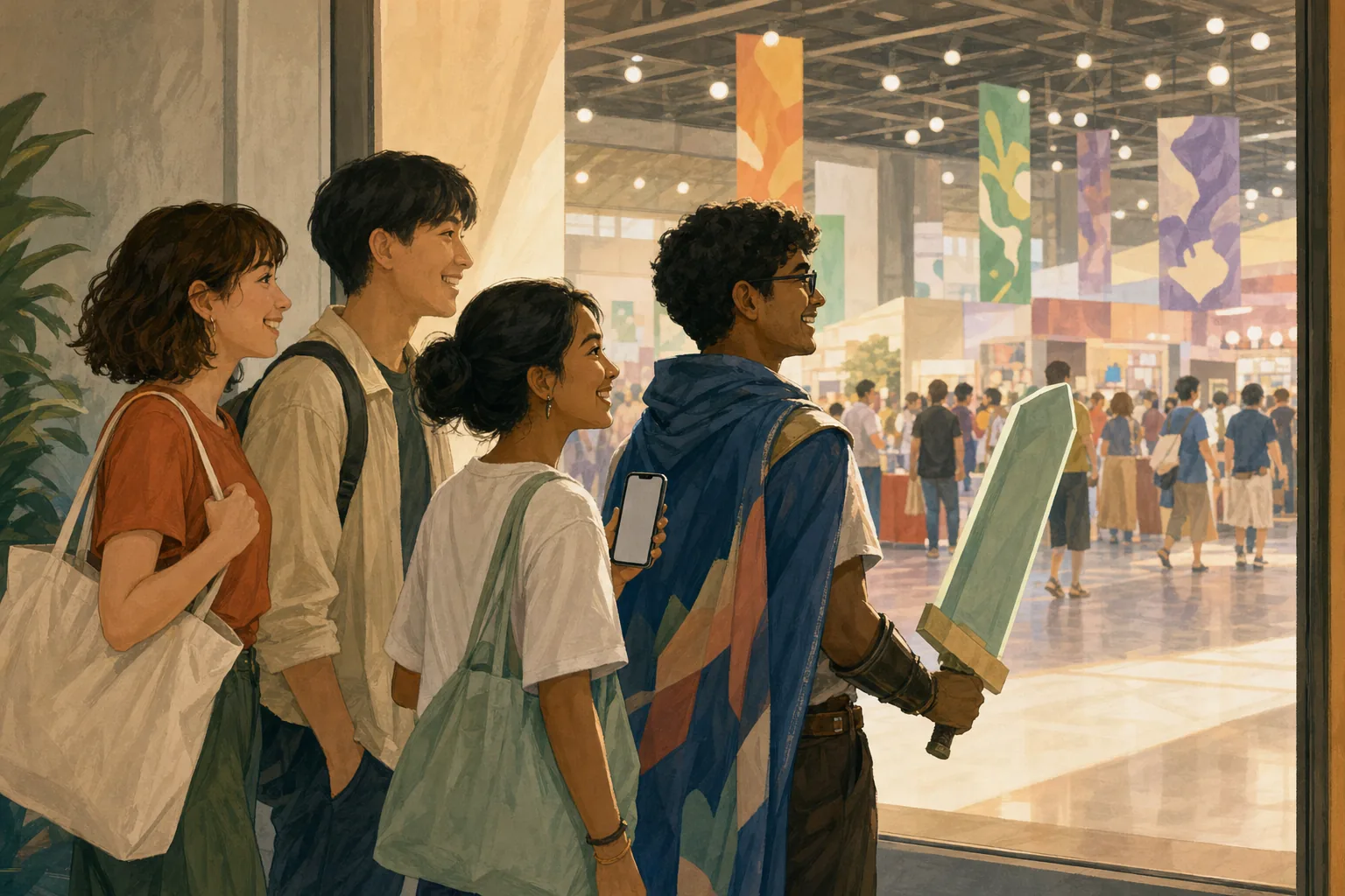 Four friends of different ages and backgrounds queueing happily at the entrance to a bright convention hall, one wearing a homemade costume with a cape