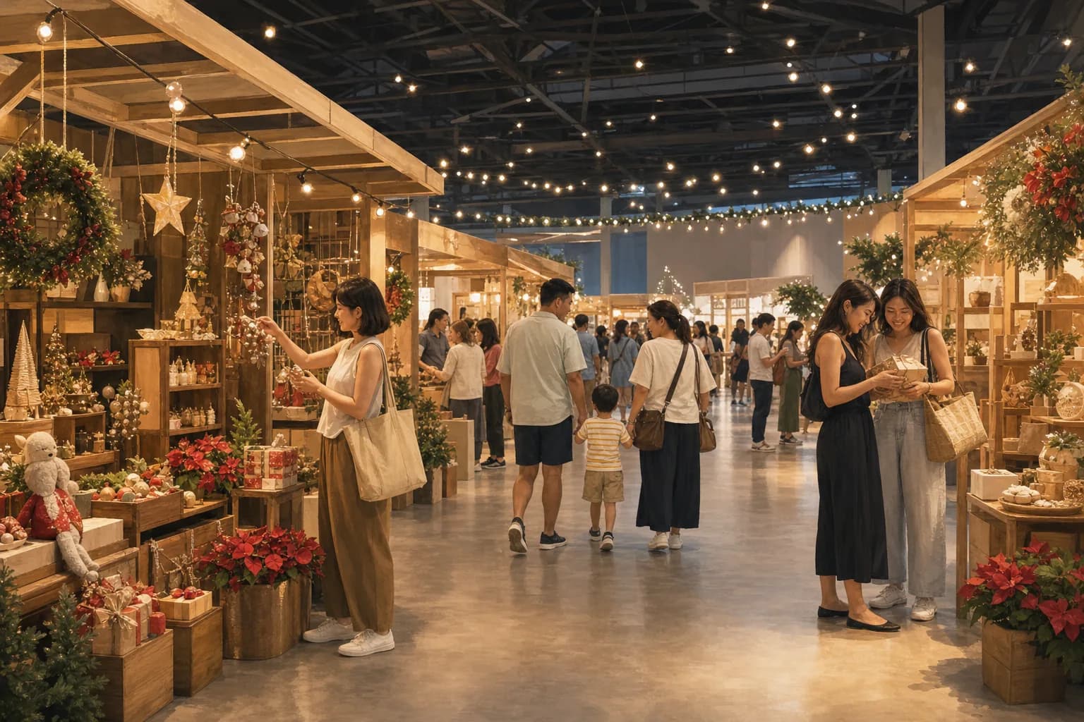 Shoppers browsing wooden market stalls of handmade gifts under warm string lights in a large indoor hall