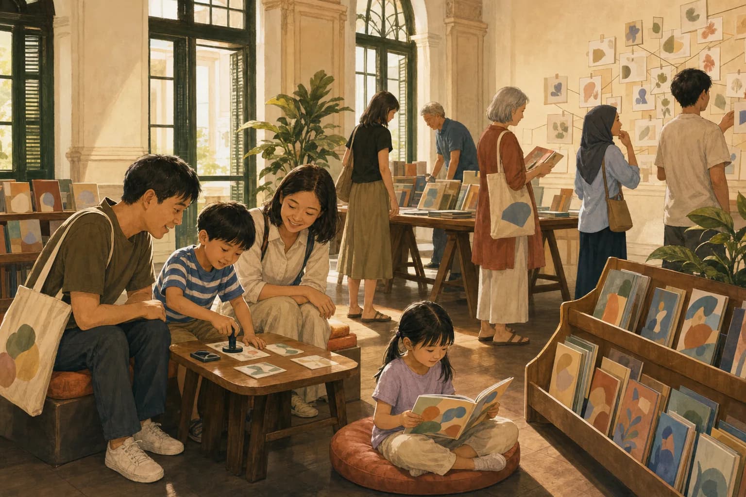 Two parents and two children in a book festival reading corner, one child stamping a trail card while the other reads on a cushion beside low shelves