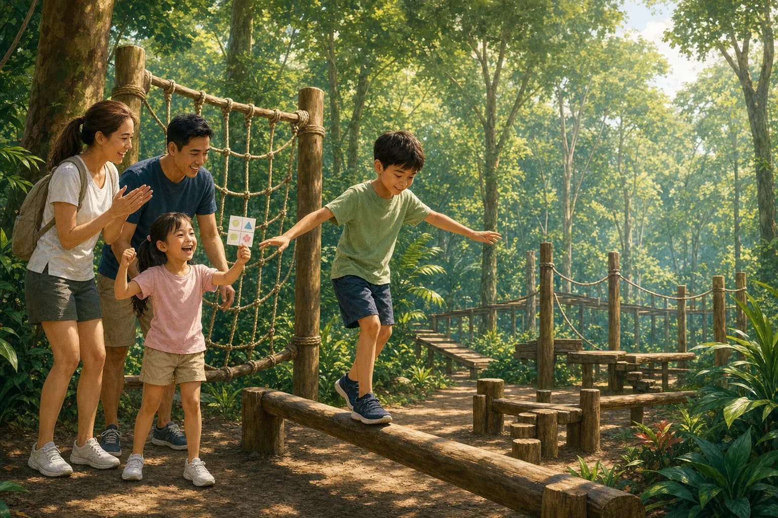 A family of four completing a balance and climbing challenge on a wooden activity course in a tropical park, a child holding a stamp card