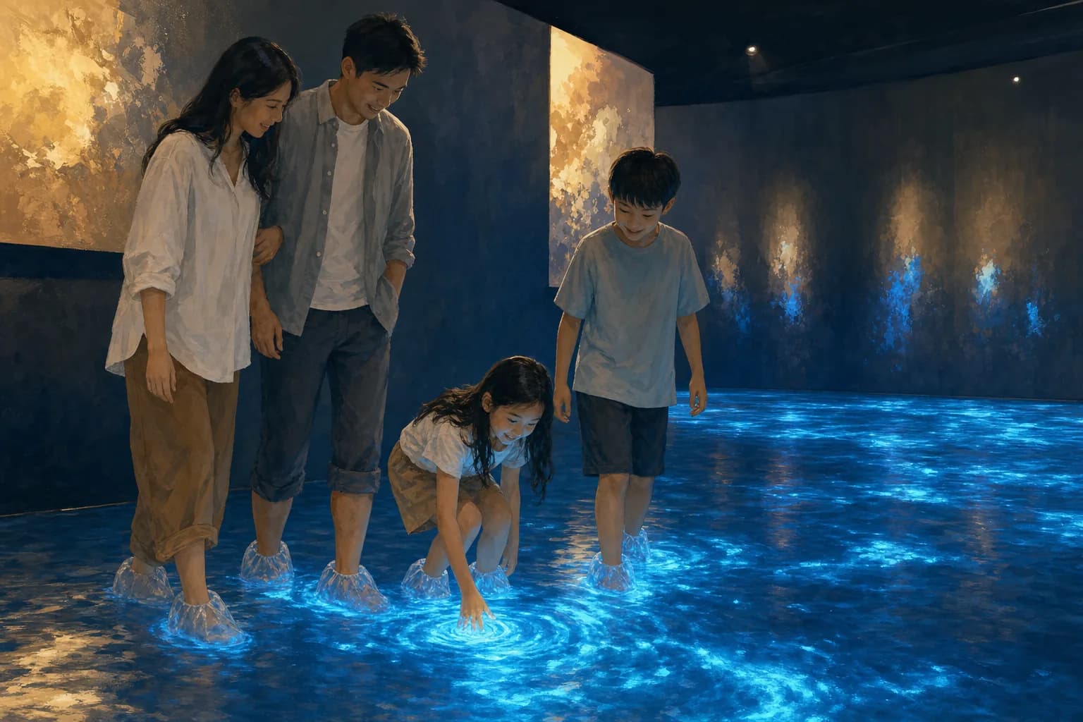 A family in a darkened gallery wading through shallow water that glows bright blue around their feet, a child bending to touch the light