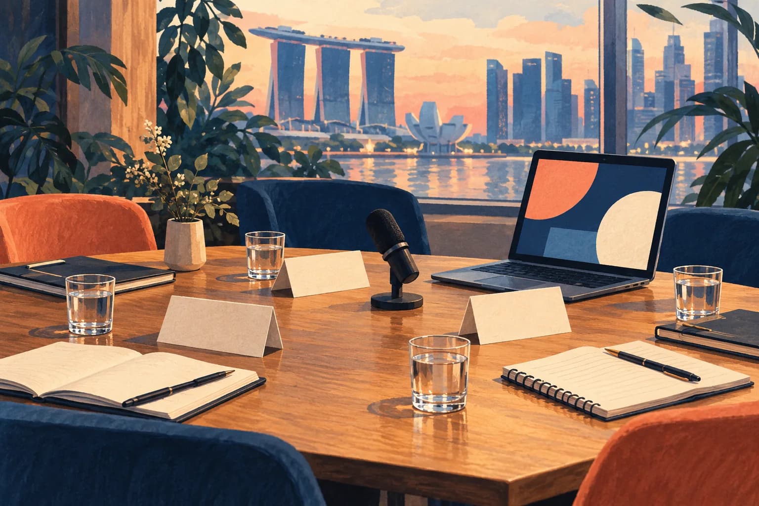 Conceptual illustration of a workshop table with blank name cards, notebooks, a microphone and an abstract laptop screen beside empty chairs.
