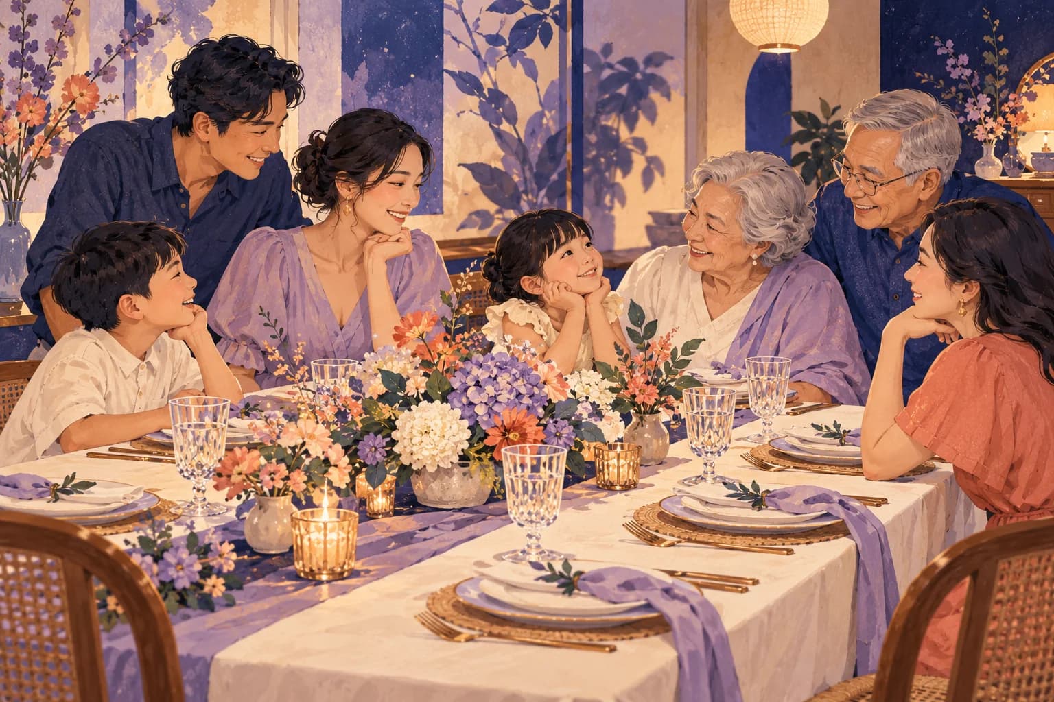Conceptual illustration of a warmly lit dinner table set for several generations, with flowers, water glasses and empty place settings.