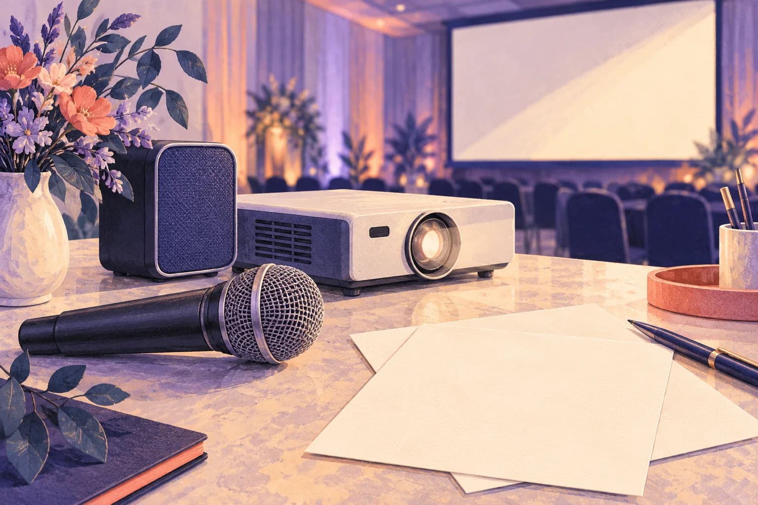 Conceptual illustration of an unbranded microphone, small speaker, projector and two blank quote sheets on a planning desk.