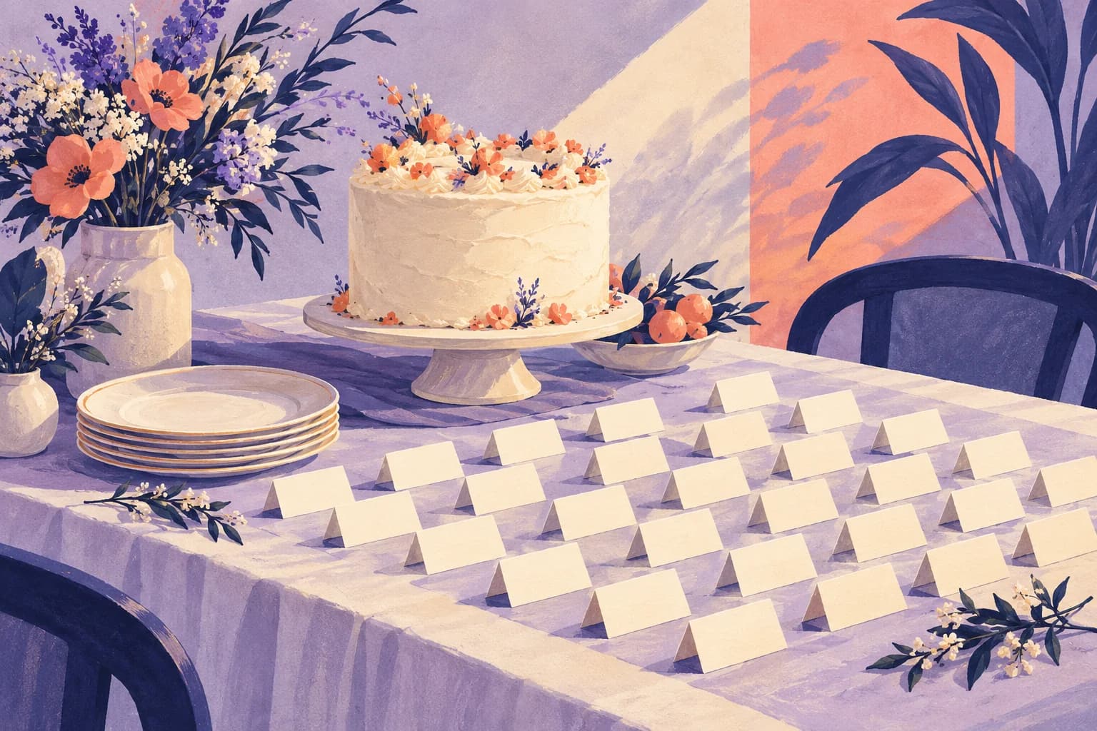 Conceptual illustration of a simple party table with a cake, reusable plates and thirty small blank place cards arranged in rows.