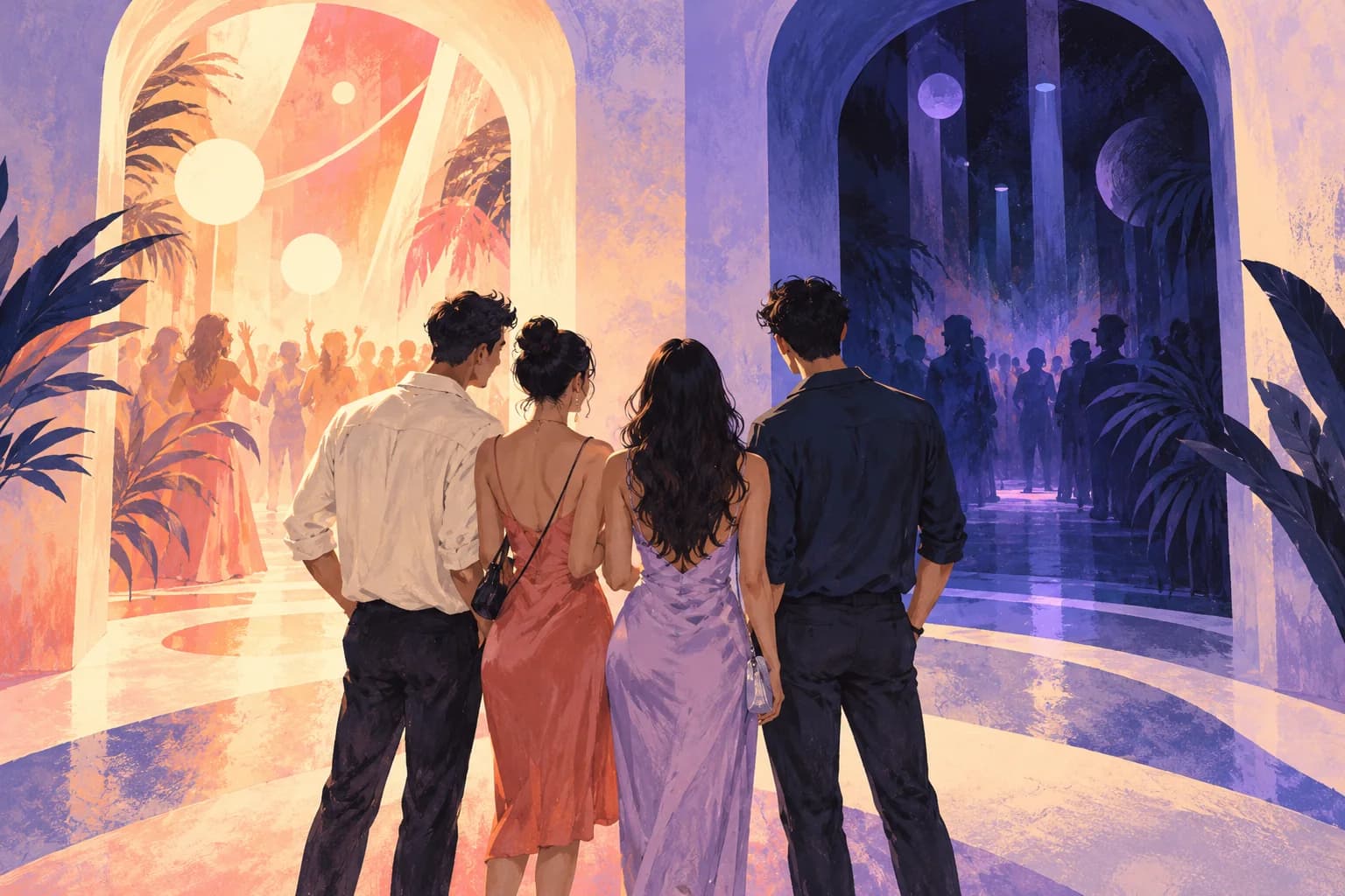 Conceptual illustration of friends seen from behind choosing between two abstract nightlife doorways, with no club signs or venue features.