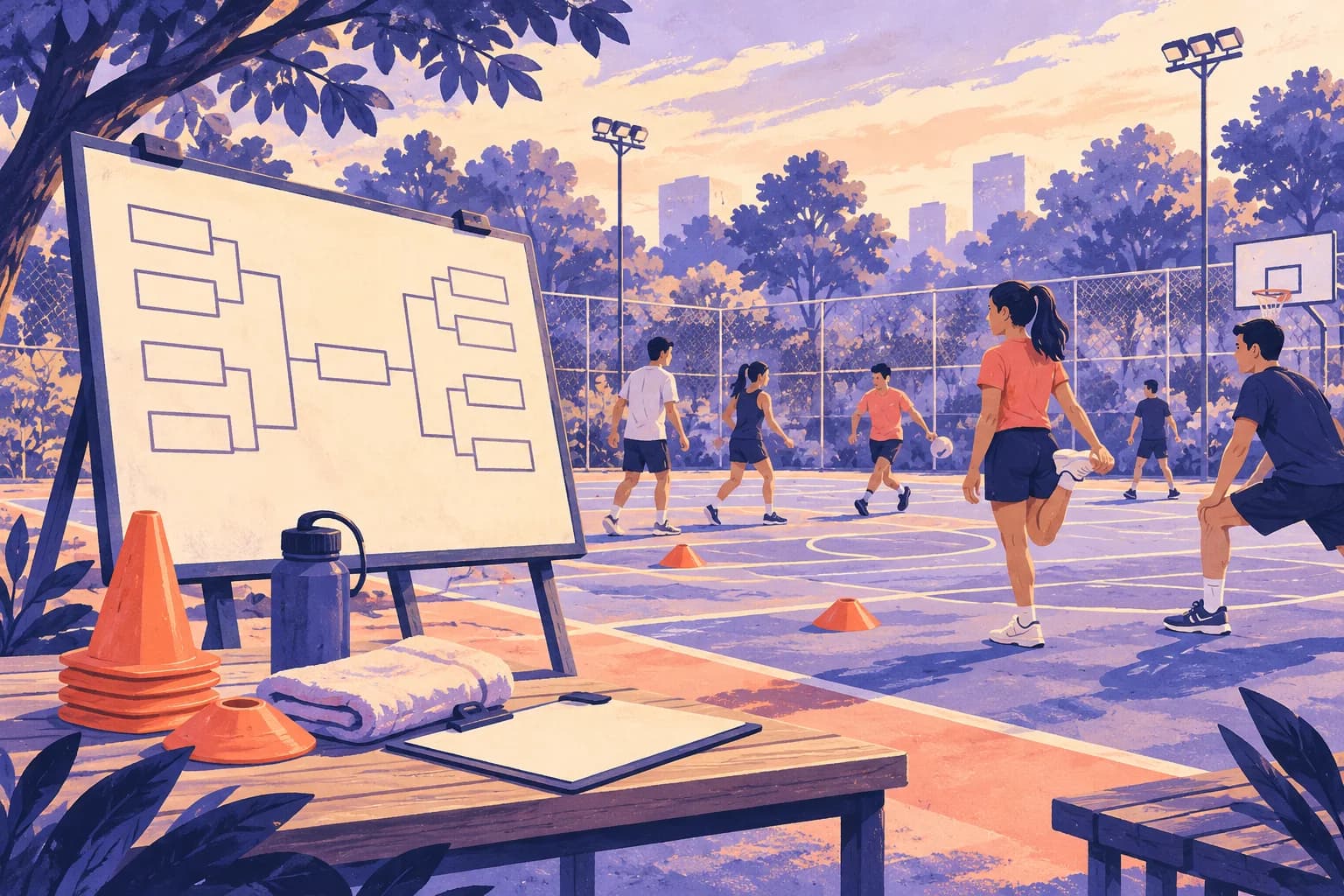 Conceptual illustration of a generic community sports court with cones, blank bracket board and players warming up in the distance.