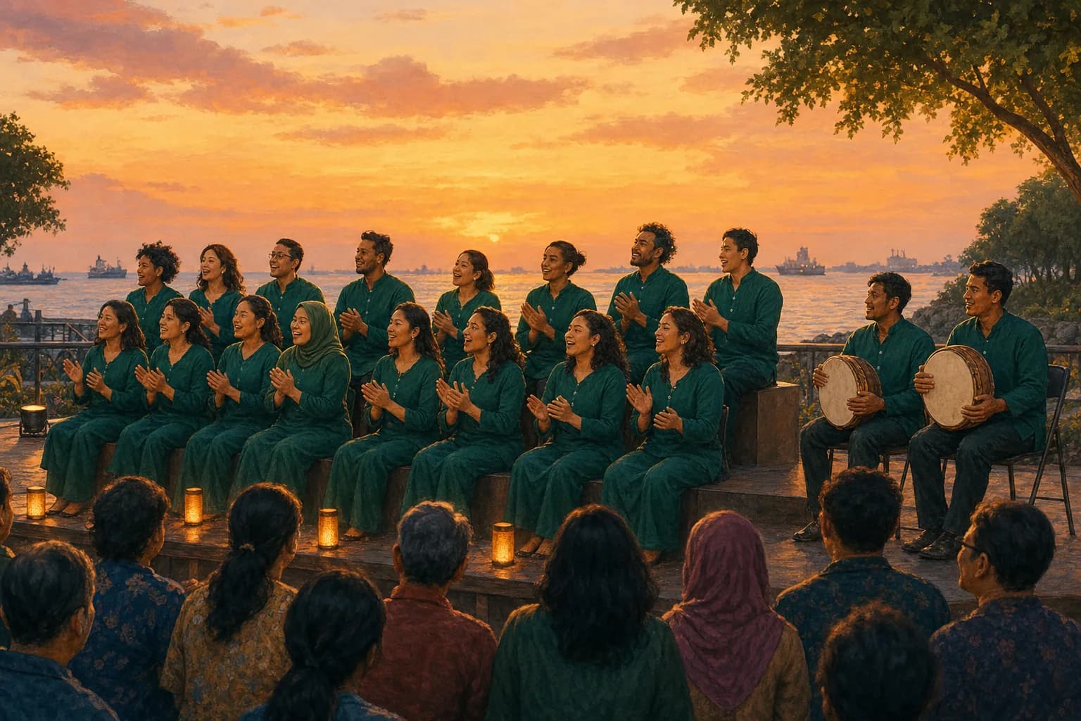 Illustrated group of singers seated in rows clapping in rhythm on an outdoor waterfront stage at dusk