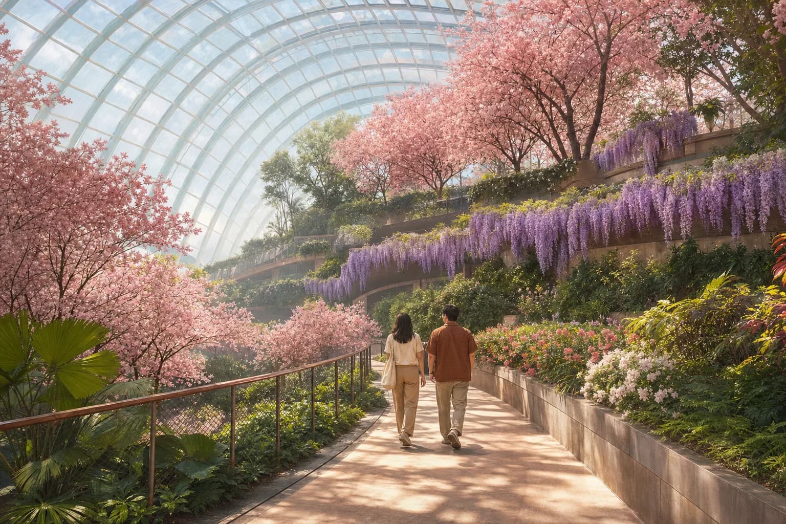 Illustrated glass conservatory with terraced beds of pink blossom and purple hanging flowers