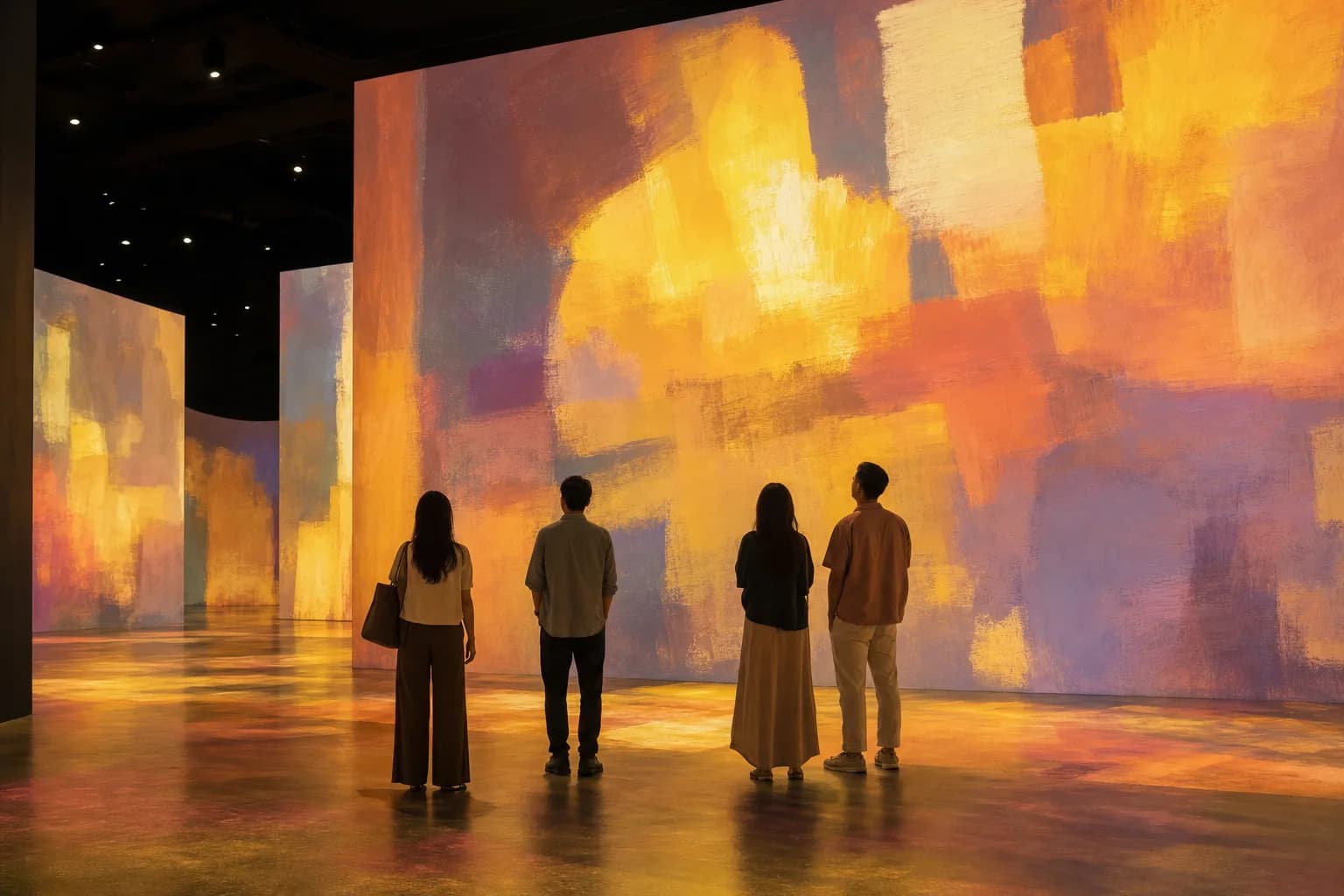 An illustrated indoor gallery where visitors stand among large projected brushstrokes in warm colours