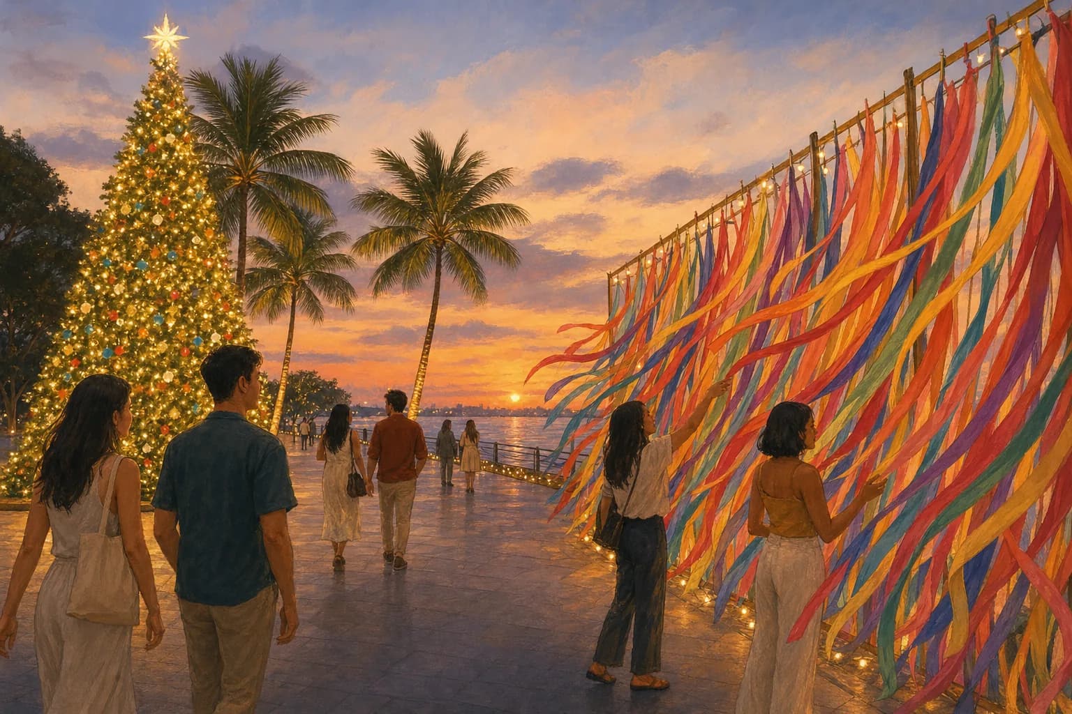 Illustrated festive promenade at night with a tall decorated tree and strands of coloured ribbons tied to an installation
