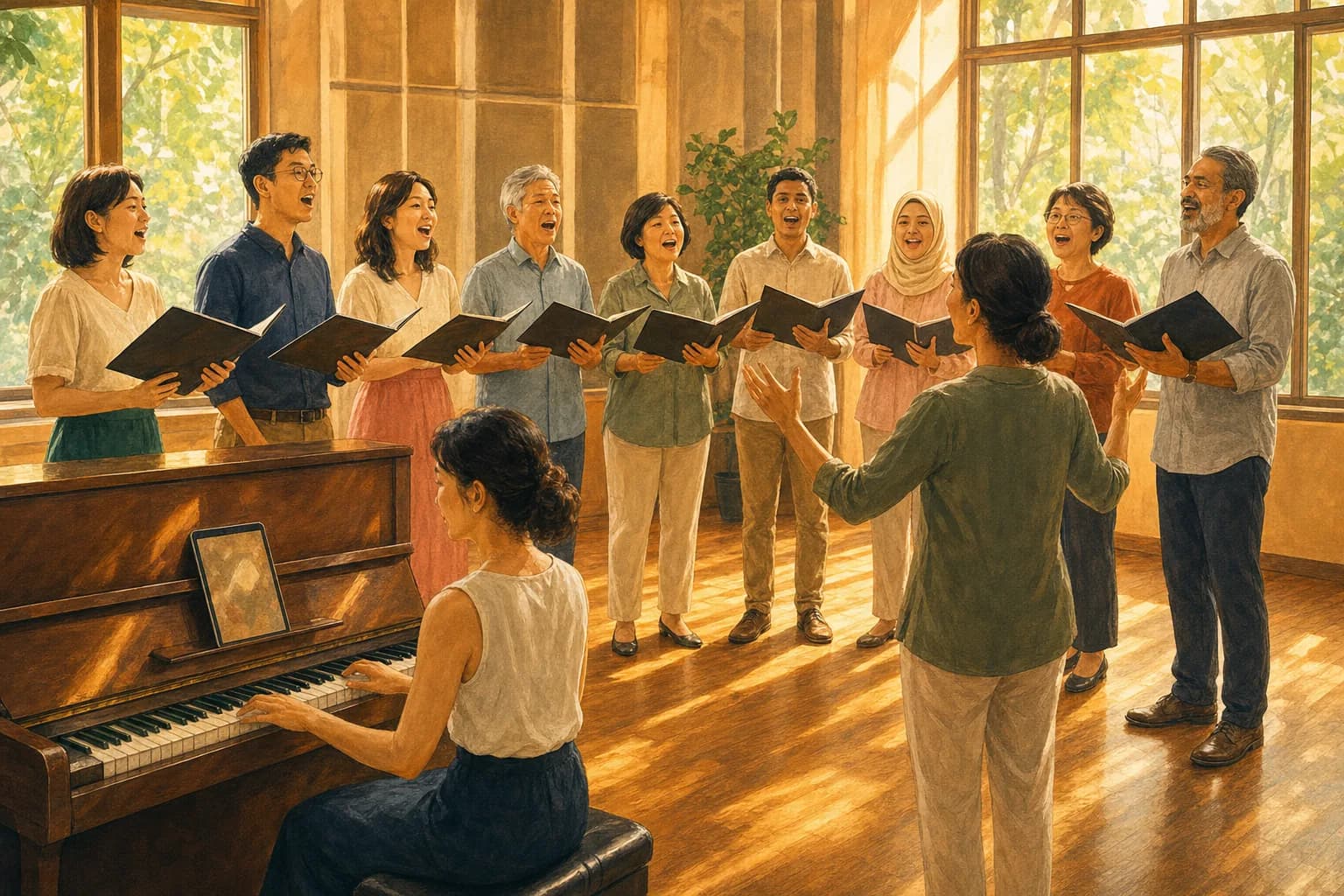 Illustrated circle of adult singers following a conductor in a rehearsal room with a piano